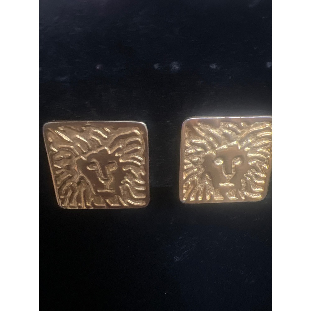 Vtg Anne Klein Lion Head Gold Tone Square Clip On Earrings